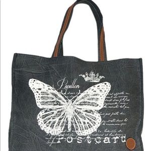 Le Papillon-Postcard vintage dark gray canvas/leather butterfly tote NWT LAST 1!